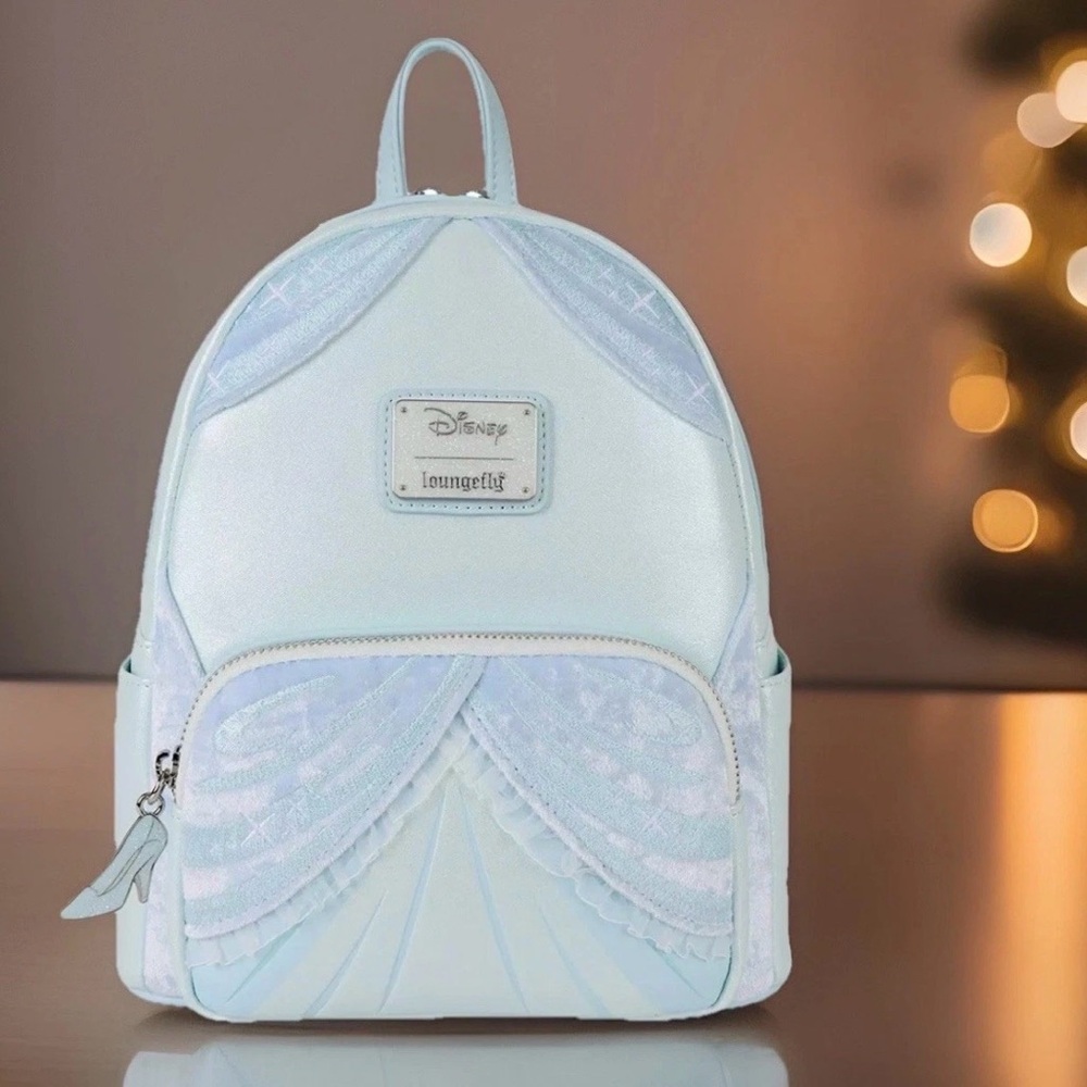 NEW Loungefly CINDERELLA Shimmery Velvet Blue Ball Gown Glass Slipper Backpack